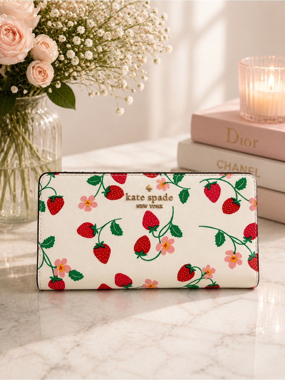 Kate Spade New York Strawberry Bifold Wallet Pink Red Berries NWOT Leather